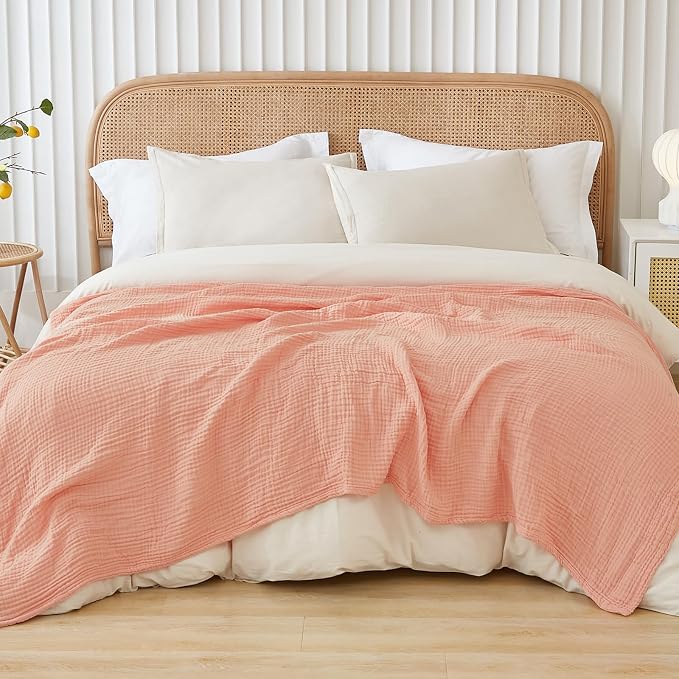 EMME Muslin Blankets for Adults Throw Blanket for Couch Breathable Gauze Soft Lightweight Airy Pink Throw 50" x 60"