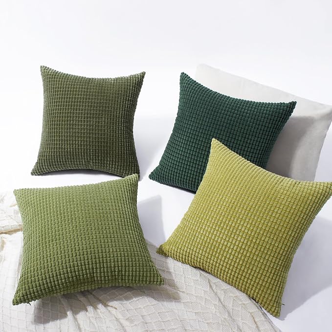 Softalker Corduroy Decorative Throw Pillow Covers 18x18, Set of 4, Green | Soft Boho Striped Pillow Cases, Couch Fluffy Cushion Covers for Farmhouse Home Decor Bed Living Room