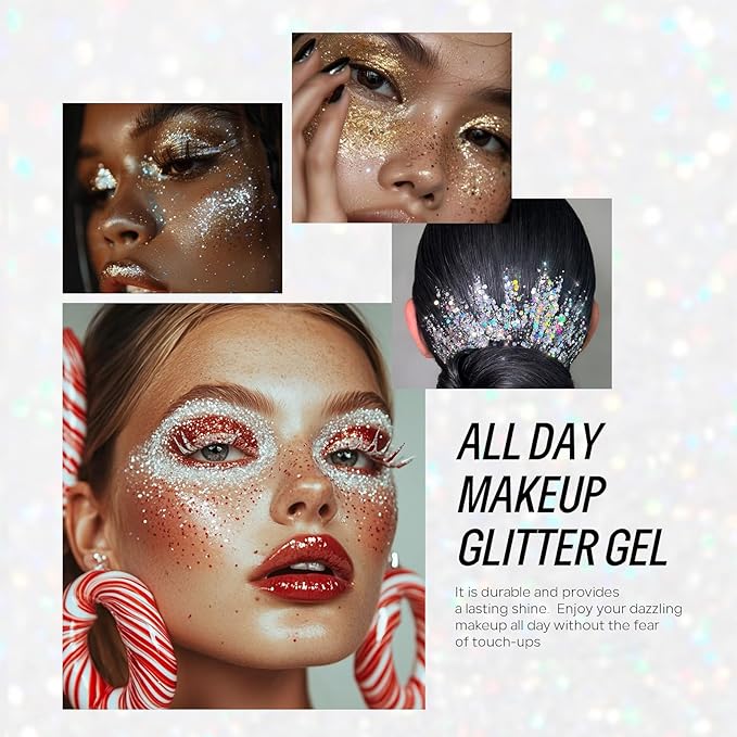 Christmas Face Body Hair Glitter Gel, Gold White Red Sliver Snowflake Holographic Colorful Chunky Festival Rave Accessories Glitter Makeup, 6 Kinds of Sparkling Sequins for Christmas