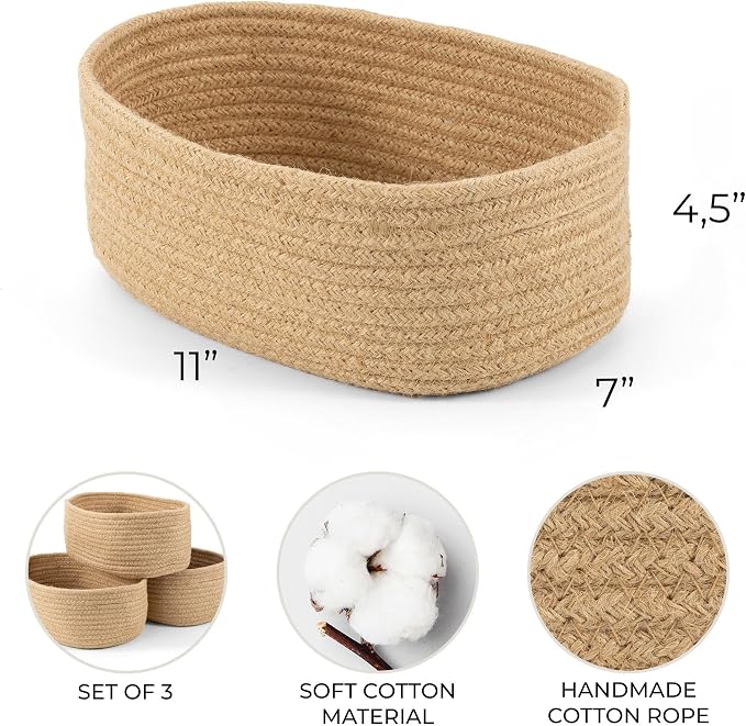Beautiful Storage Basket Set of 3 - Sturdy Jute Rope Baskets for Shelves | Perfect for Organizing Your Home - Quality Storage Bins Easily Fit with Any Nursery or Bedroom Decor