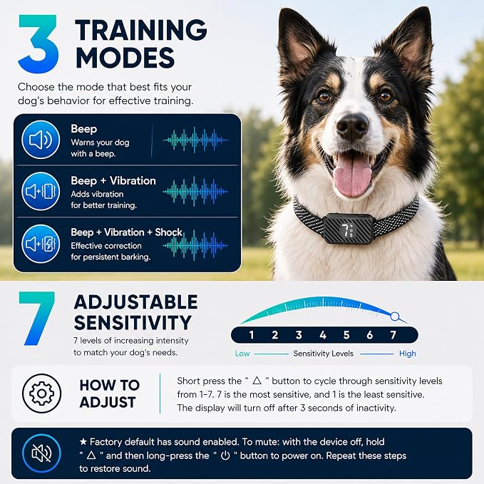Smart Bark Collar for Dogs, Rechargeable Anti Barking Device with Beep and Vibration, 7 Sensitivity Levels, Auto Sleep Protection, IP67 Waterproof, for Small Medium Large Dogs, Black