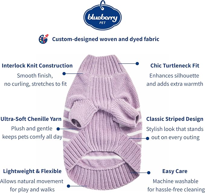 Blueberry Pet Cozy Soft Chenille Classy Striped Dog Sweater in Lavender Frost, Back Length 16", Pack of 1 Clothes for Dogs