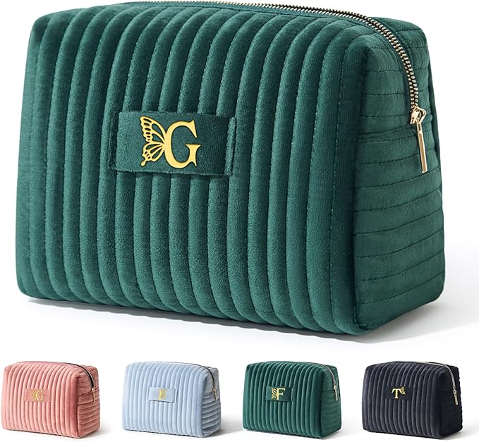 COSHAYSOO Travel Makeup Bag Quilted Make Up Pouch Initial Cosmetic Case with Butterfly Decor for Women SPF Sunscreen Contour Stick Beauty Blender Highlighter Concealer Organizer Green Letter G