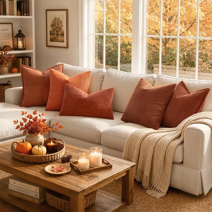 MIULEE Fall Decorative Corduroy Throw Pillow Covers Set of 2 20x20 Rust | Soft Striped Textured Cushion Cases, Boho Rustic Square Pillowcases for Home Decor, for Couch Chair Sofa Bed Living Room