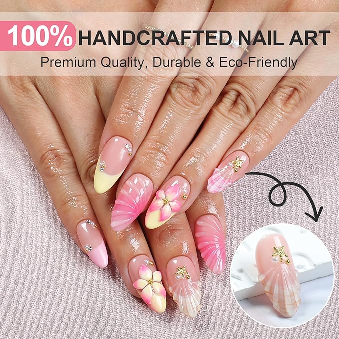 Handmade Press on Nails Almond with French Tips, 3D Flowers Pearl Water Ripple Design Fake Nails, Summer Beach 10pcs Acrylic Nail Kit, Gifts for Women