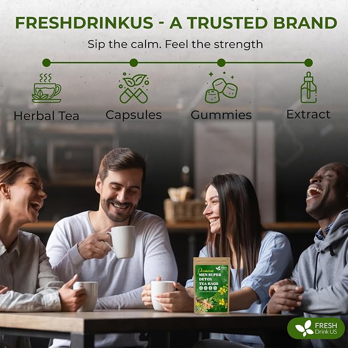 FreshDrinkUS, Premium 75 Tea Bags Men Super Tea – Herbal Blend with Senna, Dandelion Root, Ginger, Peppermint & More – 100% Natural, Sugar-Free. Caffeine-Free. Gluten-Free. Vegan