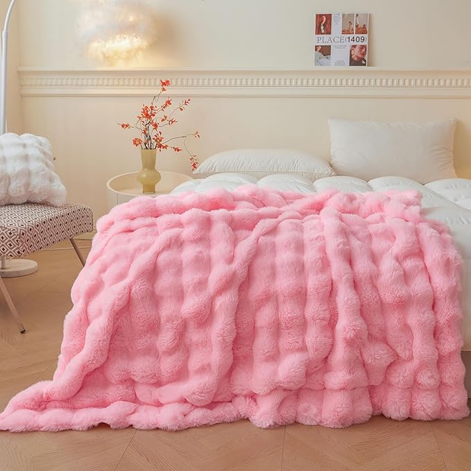 LIFEREVO Luxury Fluffy Faux Rabbit Fur Throw Blanket 50x60, Pink | Plush Shaggy Bubble Blanket for Bed Couch Sofa Office, Decorative Soft Cute Furry Lap Throw for Kids Teens Adults, Washable