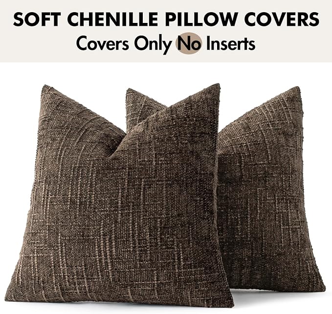 MIULEE Chenille Textured Fall Throw Pillow Covers Brown 18x18 Set of 2 | Slubby Decorative Pillows, Boho Farmhouse Rustic Home Decor, Modern Neutral Cushion Covers for Couch Sofa Bed Living Room