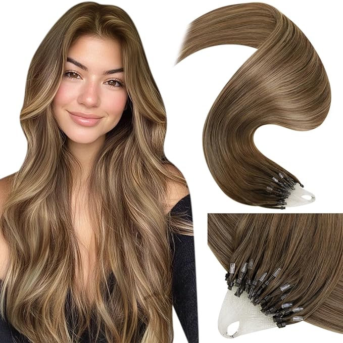 LaaVoo Micro Link Hair Extensions Human Hair Balayage Light Brown Ombre Golden Brown Mix Brown Micro Ring Hair Extensions 14 inch 50g/50s