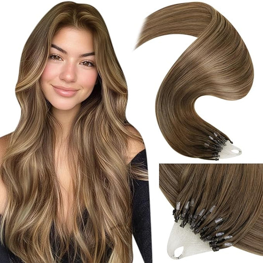 LaaVoo Micro Link Hair Extensions Human Hair Balayage Light Brown Ombre Golden Brown Mix Brown Micro Ring Hair Extensions 14 inch 50g/50s