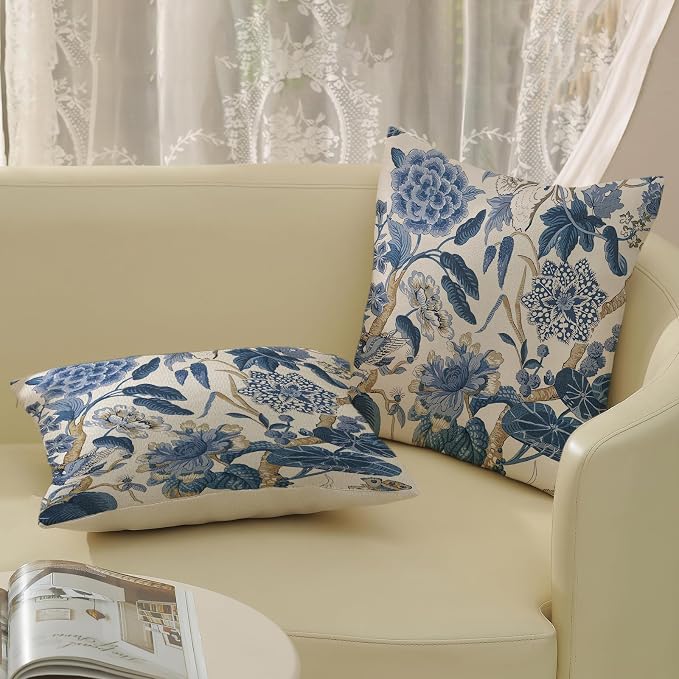 Blue Pillow Covers 22x22 Inch Set of 2 Vintage Blue Floral Throw Pillows Chinoiserie Flower Decorative Pillow Cases Outdoor Linen Farmhouse Cushion Cover for Couch Home Sofa Bed Decorations