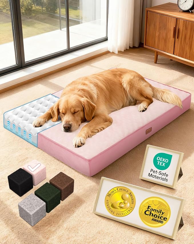 OhGeni Orthopedic Waterproof Large Dog Bed, Memory Foam, 41 inch(Pink) | Machine-Washable Removable Cover in Easy-Clean Fabric, Reversible Memory Foam & Easy-Carry Handle, Suitable for Crate