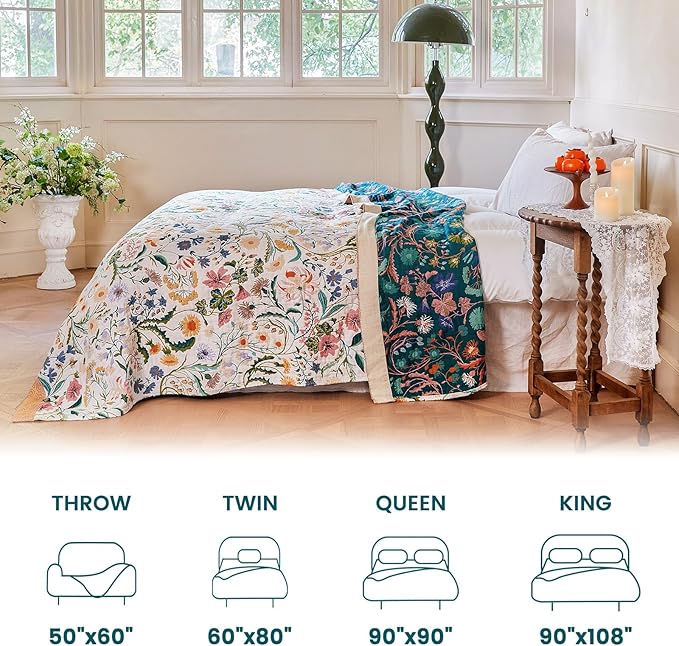 MSGKV Boho Throw Blanket 50"x60" Cotton Floral Blanket for Couch Bed Decor | 100% Cotton Throw, Colorful Floral, Reversible Blanket, Couch Bed Decor, Road Trip Blanket, Farmhouse Decor, Machine Washable