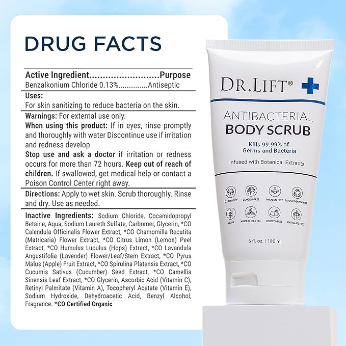 Dr. Lift Antibacterial Body Scrub, Botanical Exfoliating Formula With Vitamin E, Vitamin A, Lavender, and Salt Granules to Exfoliate and Nourish Skin, Body Care for Oily and Combination Skin, 6 Fl Oz