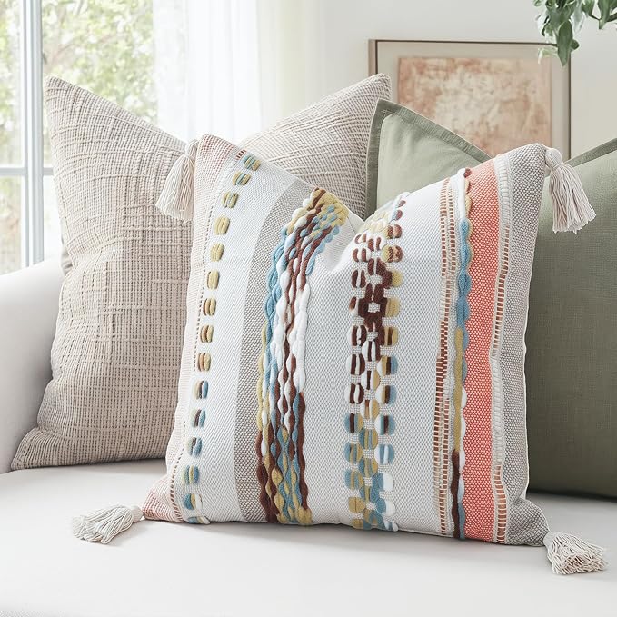 PANOD Chenille Farmhouse Throw Pillow Covers 18 x 18 Red Brown, Neutral Boucle Couch Pillow Cover, Striped Decorative Boho Coushion Cover Pillow Case for Couch Bed Sofa Bedroom,Modern Accent,Set of 2