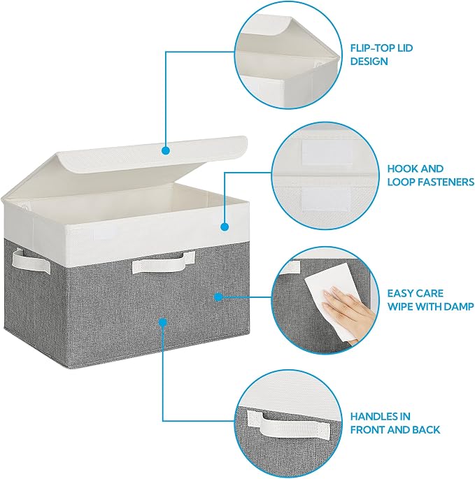 GRANNY SAYS Memory Keepsake Storage Box, Fabric Storage Bins with Lids | Flip-Top Lid, Collapsible, Stackable, 3 Handles, Ideal for Closet Clothes Blanket Toys, Extra Large, White/Gray, 2-Pack