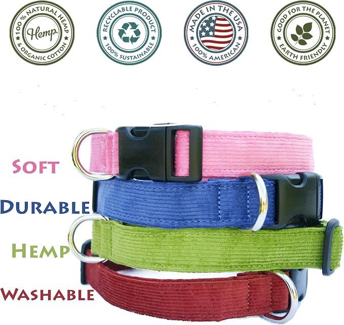 Hemp Corduroy Dog Collar - No Pattern (1" Large, Blue)