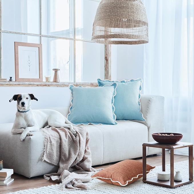 Scalloped Pillow Covers Set of 2 for Living Room | Spring Decorative Sofa Couch Pillows | Boho Sytle Decorative Home | Aesthetic Funky Preppy Pillow Cases (Blue, 16x16 Inch)