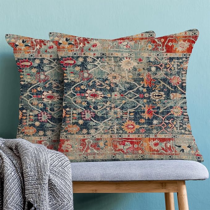 Boho Pillow Covers 18x18 Inch Set of 2,Navy Blue Burnt Orange Ethnic Design Throw Pillows Case,Carpet Pattern Outdoor Decorative Square Linen Farmhouse Decor Cushion Covers for Home Sofa Bed Couch