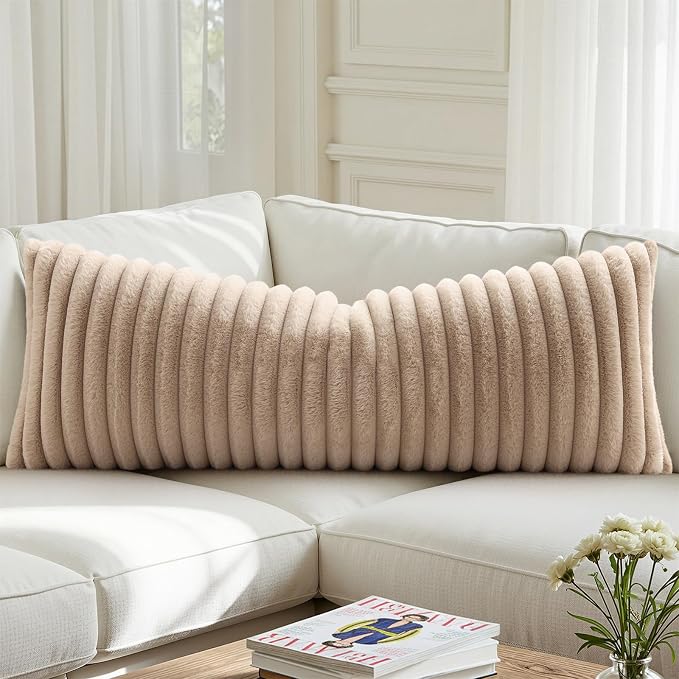 decorUhome Fall Faux Fur Throw Pillow Covers 14x36 Pack of 1 Khaki Brown | Decorative Soft Cozy Striped Plush Modern Farmhouse Boho Couch Pillow Cases Velvet Back for Sofa Bed Living Room Home Decor