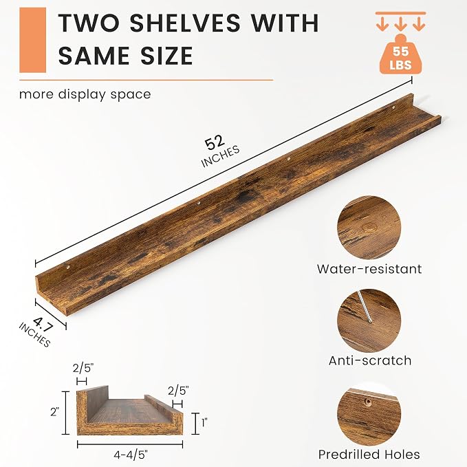 Picture Ledge Shelf, Long Floating Shelves for Wall, 52" W Set of 2, Brown | FSC Certified Engineered Wood, Wall Mounted Bookshelf, for Nursery Living Room Bedroom, Easy Install