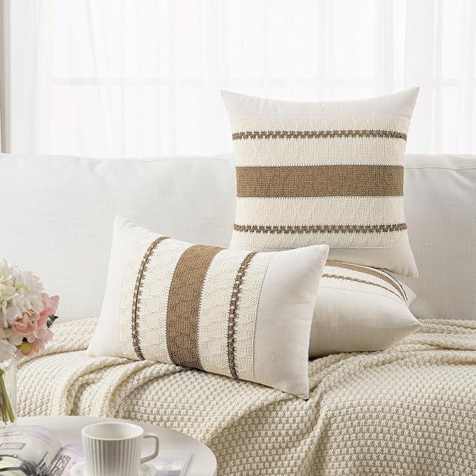 Fancy Homi Set of 2 Boho Light Brown Decorative Throw Pillow Cover 22x22 Inch for Couch Bed Sofa, Aesthetic Modern Organic Farmhouse Home Decor, Soft Cotton Cute Accent Macrame Woven Cushion Case