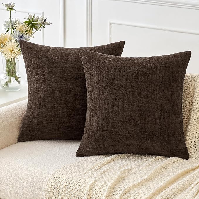 MIULEE Chenille Fall Euro Pillow Covers Chocolate Brown 24x24 Pack of 2 | Soft Modern Fall Decor, Classic Decorative Pillows, Solid Dyed Cases, Couch Cushion Covers for Sofa Bed Living Room