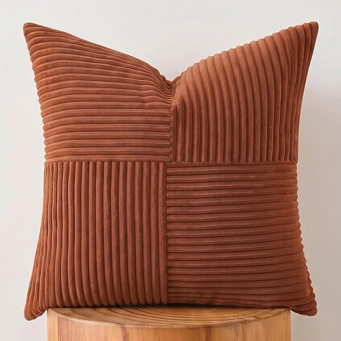 Fancy Homi Rust Big Decorative Throw Pillow Covers 24x24 Inch for Living Room Couch Bed, Rustic Farmhouse Boho Home Decor, Soft Corss Corduroy Patchwork Accent Square Terracotta Cushion Case 60x60 cm