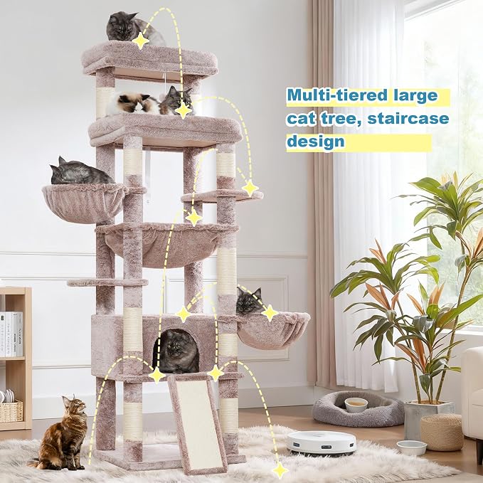 Hey-brother Cat Tree Tower with Extra Large Platform and Basket, MPJ080MU- | 71.7 Inches Scratching Posts with Specious Condo, 2 Cozy Hammocks, Scratch Board for Indoor Adult Cats, Maine Coon Muchroom