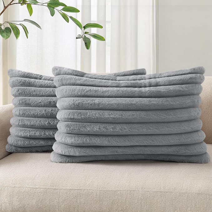 Pallene Faux Fur Decorative Throw Pillow Covers 12x20 Set of 2, Grey | Luxury Plush Texture, Striped Design, Cozy Soft Touch, Modern Home Accent Decor for Couch, Sofa, Bed, Living Room