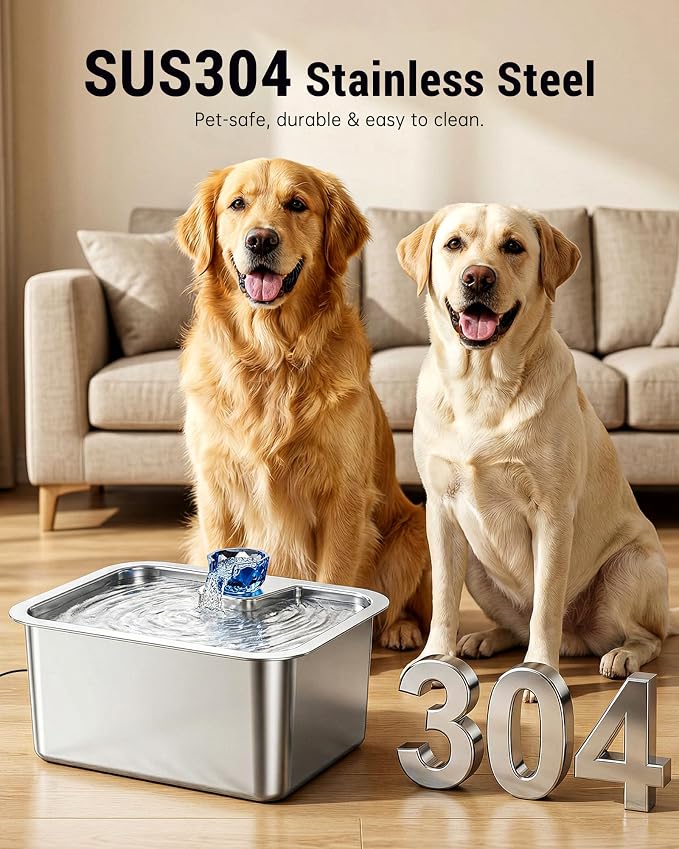 PETNF 2.6-Gallon 304 Stainless Steel Dog Water Fountain for Large Dogs, Extra Wide Drinking Area, Automatic Water Bowl Dispenser for Large Dogs & Multi-Pet Homes, 7-Stage Filtration System, Quiet Pump