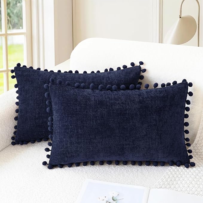 CaliTime Decorative Couch Throw Pillow Covers 20 X 12 Inches Navy Blue | Pack of 2, Cozy Chenille Cushion Cases, with Pom Poms for Sofa Bed Living Room Farmhouse Home