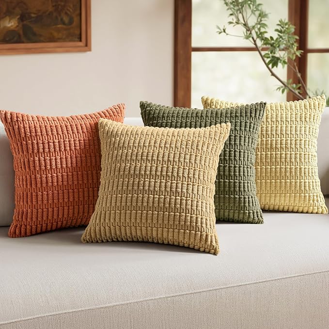 MIULEE Pack of 4 Corduroy Decorative Throw Pillow Covers 18x18 Brown Green | Boho Farmhouse Modern Retro Soft Striped Pillow Covers,Home Decor for Sofa Living Room,Couch,Bed