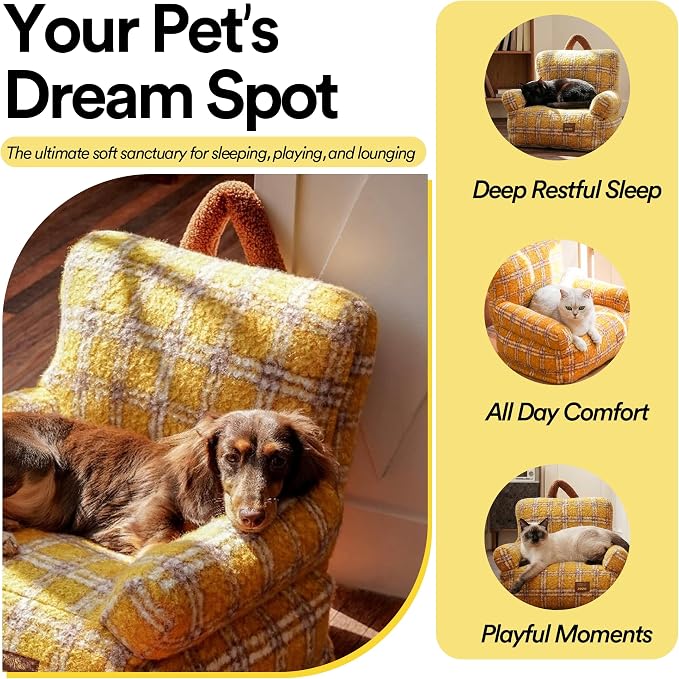 ZEZE Vintage Furniture Style Sofa Pet Bed - Washable Plush Dog & Cat Couch, Retro Style Pet Furniture, Soft Cozy Support for Pets (Small, Plaid)