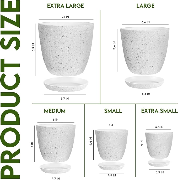 Plant Pots Indoor with Drainage 5 Pack Multi-Size Planters Set Spotty Grey | Drainage holes included Multiple sizes 7/6.6/6/5.3/4.8 In Indoor plants and flowers Durable plastic construction