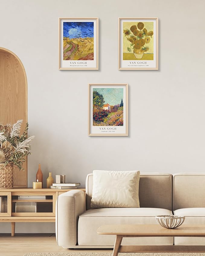HesenDot Van Gogh Framed Wall Art,Vintage Canvas Prints Set of 3 | 12x16IN Canvas Prints,Wheatfield Sunflowers Landscape Art,High Framed Design Wall Decor Living Room Bedroom Bathroom Office