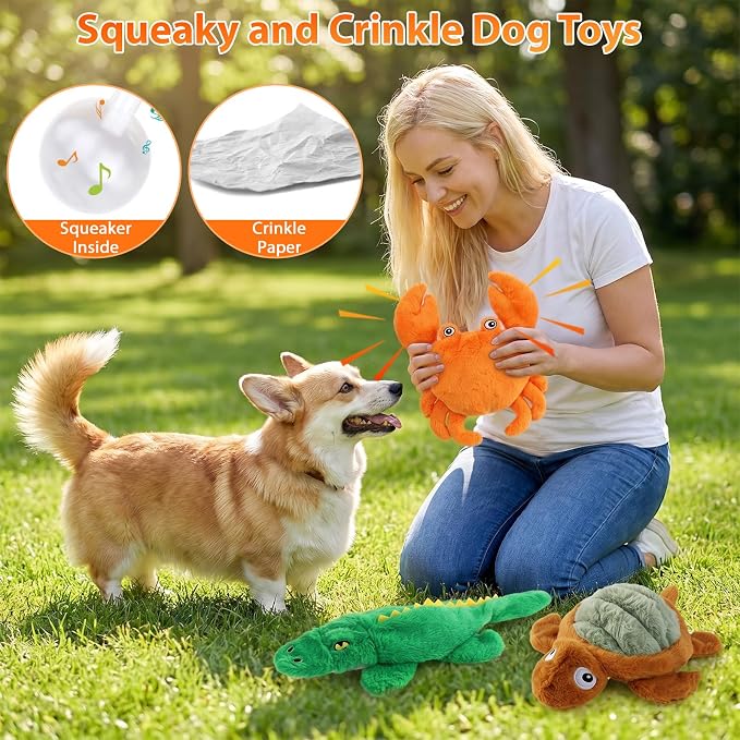 No Stuffing Dog Toys for Puppies, Small & Medium Dogs, 3 Pack Squeaky Crinkle Plush Toys for Teething & Anxiety Relief, Lightweight Interactive Animal Set to Keep Them Busy