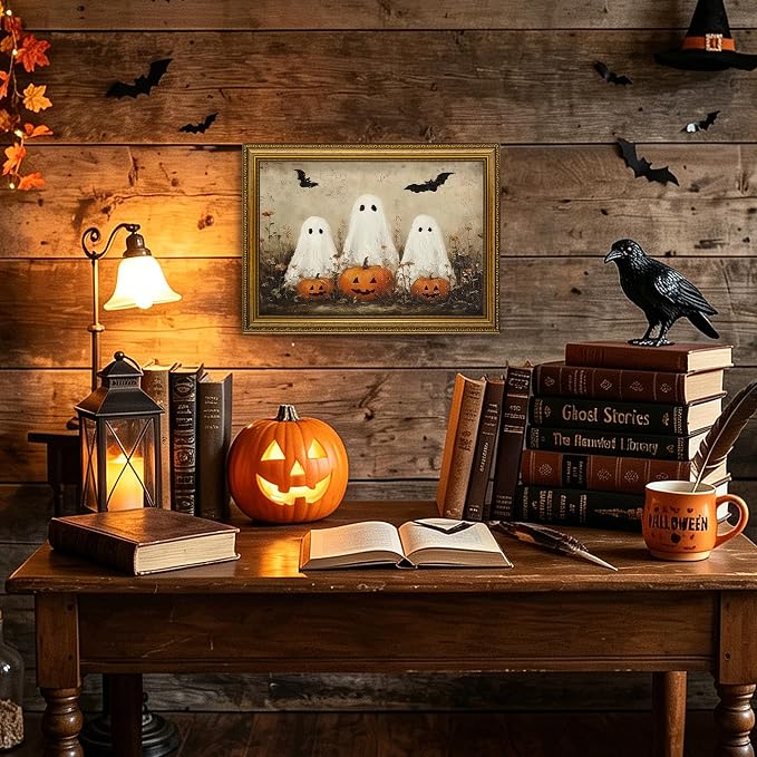 JLTULT Cute Ghost Halloween Wall Art, Vintage Framed Canvas, 8 x 10 In | Cute ghosts and pumpkins on fade-resistant canvas with a ready-to-hang ornate PS frame for entryways and Halloween displays
