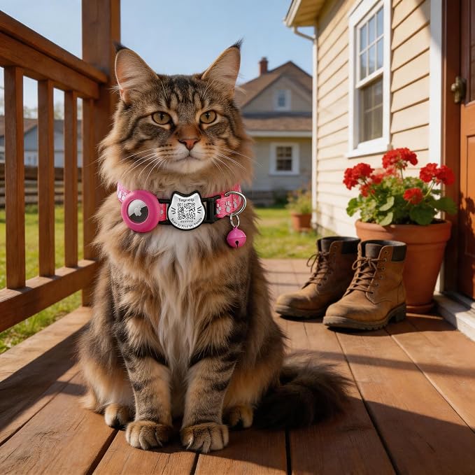 Cat Collar with AirTag Holder, QR Code Tag and Bell (Rose red, Paw Pattern)