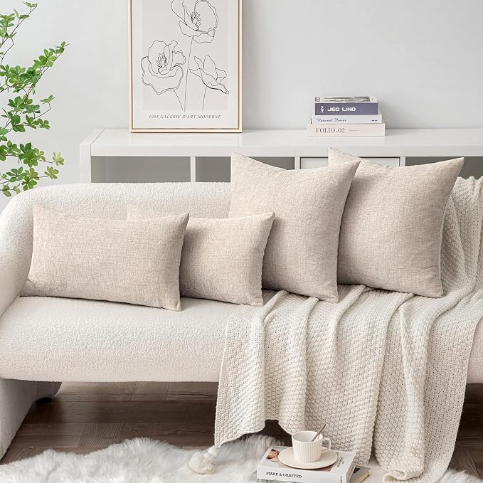 MIULEE Soft Chenille Lumbar Throw Pillow Covers Light Brown 12x20 Inch | Pack of 2, Modern Decor, Classic Decorative Pillows, Solid Dyed Cases, Boho Couch Cushion Covers for Sofa Bed Living Room