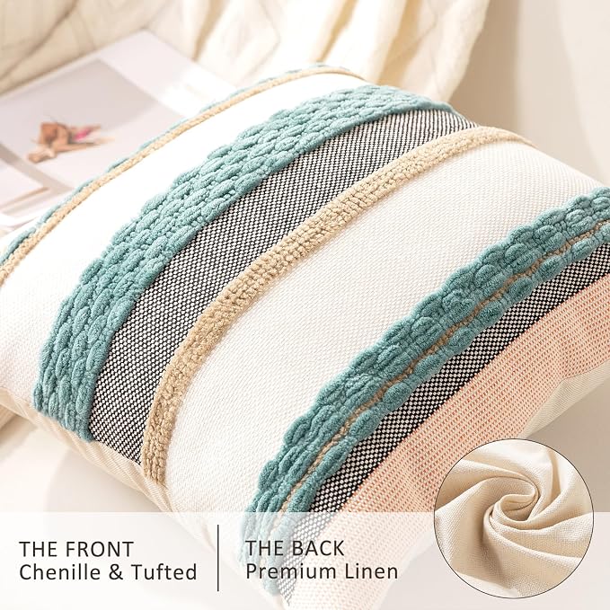 Boho Throw Pillow Covers Decorative Neutral Farmhouse Pillow case | 18x18 Set of 2 Cushion Case Striped Square Pillows Cover Couch Pillow Cases Accent Pillowcase for Sofa Bed,Blue