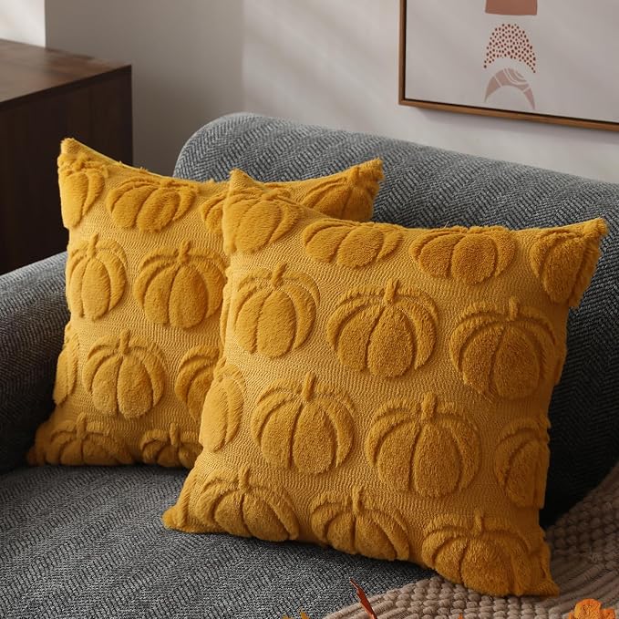 DFXSZ Fall Pillow Covers 16x16 2Pcs Yellow Pumpkin Fall Decoration for Home | Fall decor Set of 2 Throw Pillow Cases Soft Plush Faux Fur Wool Couch Cushion for Chair Sofa Bedroom Living Room Home Decor