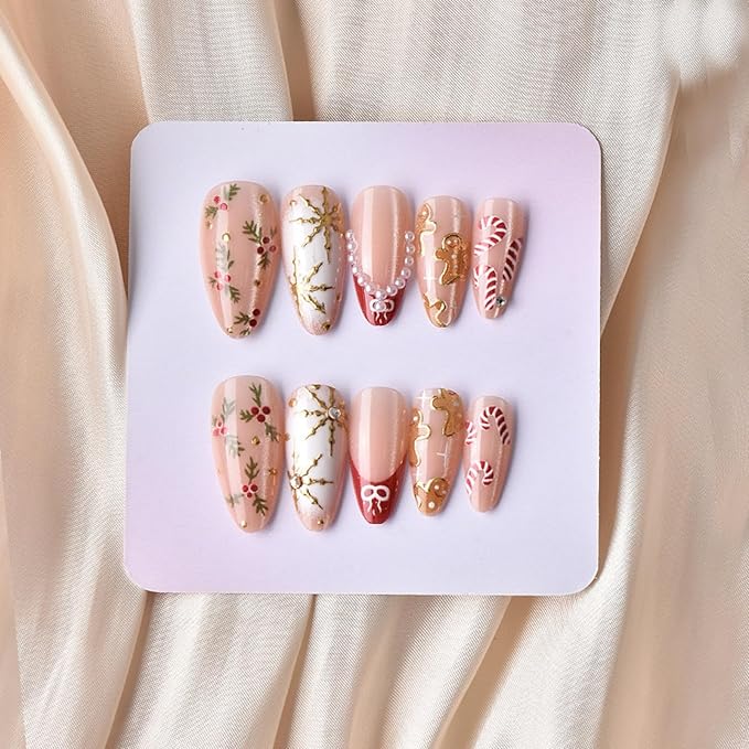 Christmas Press on Nails Gingerbread Man Fake Nails Holly Glue on Nails with Candy Cane Design Medium Almond False Nail Glossy Full Cover Artificial Acrylic Xmas Stick on Nail for Women Manicure 24Pcs