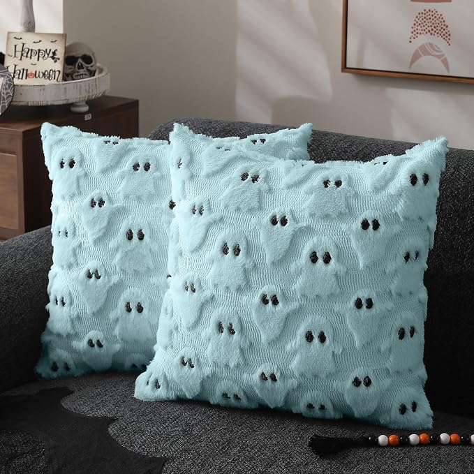 DFXSZ Halloween Pillow Covers 16x16 inch 2Pcs Blue Ghost Halloween Decor | Halloween Decorations Set of 2 Throw Pillow Cases Plush Faux Fur Wool Cushion for Chair Sofa Bedroom Living Room Home Decor