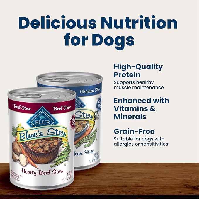 Blue Buffalo Blue's Stew Variety Pack Adult Wet Dog Food, 12.5 oz, 12 ct | Grain-Free, Country Chicken & Hearty Beef Recipes, In Gravy, No Corn, Wheat, or Soy