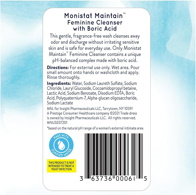Monistat Boric Acid Feminine Wash, Fragrance-Free Intimate Wash for Women with Gentle pH-Balanced Formula, 16 Fl Oz (Pack of 2)