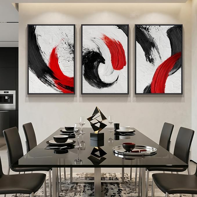 Large Framed Red Black White Abstract Wall Art for Living Room, 3 Piece Modern Canvas Prints Paintings Artwork for Walls, Red Black Minimalist Pictures for Bedroom Hallway Office Wall Decor 24x36 In