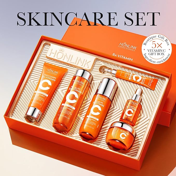 2 Box Glown 6-Piece Hydrating Skincare Set with Vitamin C & Niacinamide,HONLINK Face Care Kit Includes Toner, Faical Serum,Cleanser,Moisturizer, Eye Cream & Body Lotion (Face Set x 2)