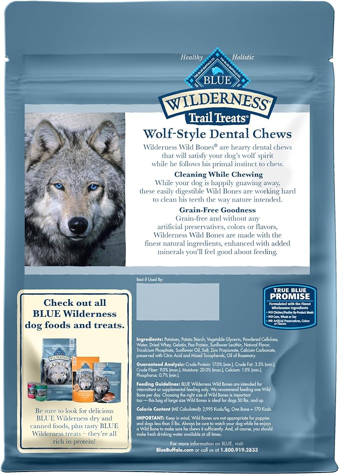 Blue Buffalo Wilderness Trail Treats Wild Bones Large Dental Chews, Grain-Free Dog Bones for Large Dogs Made with Natural Ingredients, 10-oz Bag (Pack of 6)