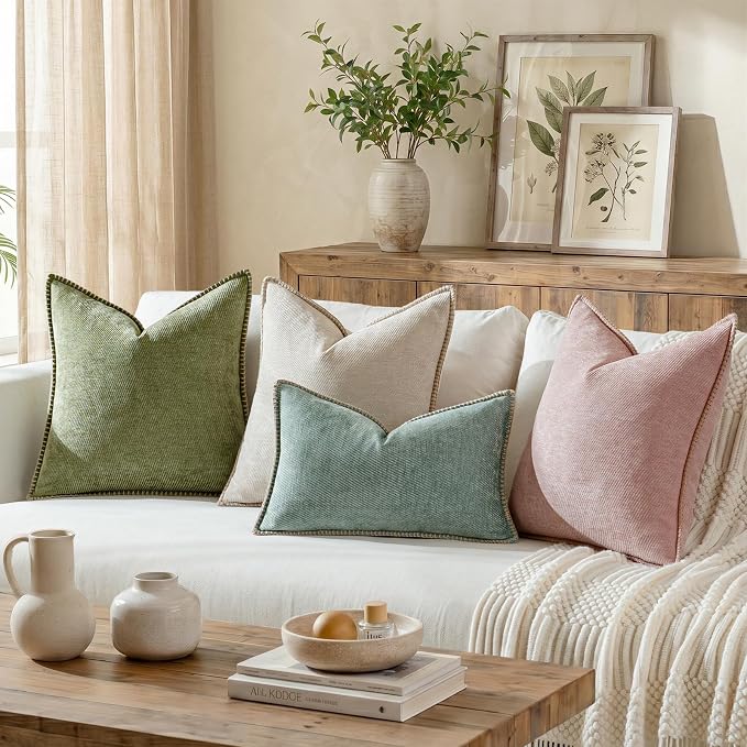 a moment Pack of 2 Decorative Chenille Throw Pillow Covers with Twill Cushion Covers for Sofa Living Room Couch Bed 18x18 Inch,Crafted Border Beige